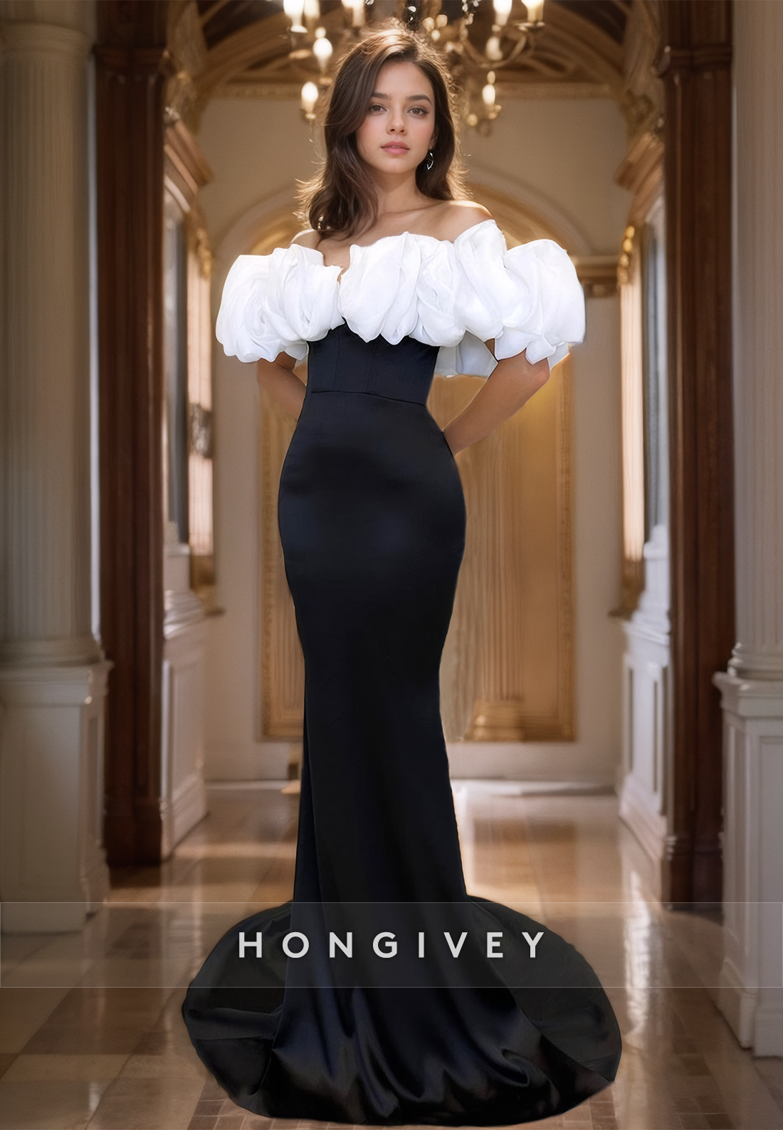 Chic Strapless Ruffles Ruched Black Trumpet Evening Dress with Train 2025