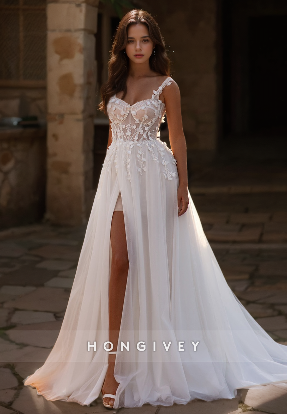 Side Slit Tulle Wedding Dress Straps A-Line Sleeveless Organza Bridal Dresses