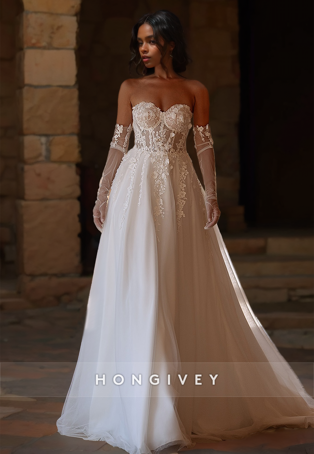Applique Tulle Wedding Dress with Gloves New A-Line Sweetheart Bridal Dresses