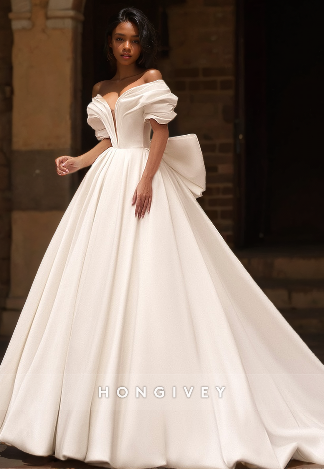 Elegant Off-Shoulder Wedding Dress with Bow A-Line with Train Bridal Dresses