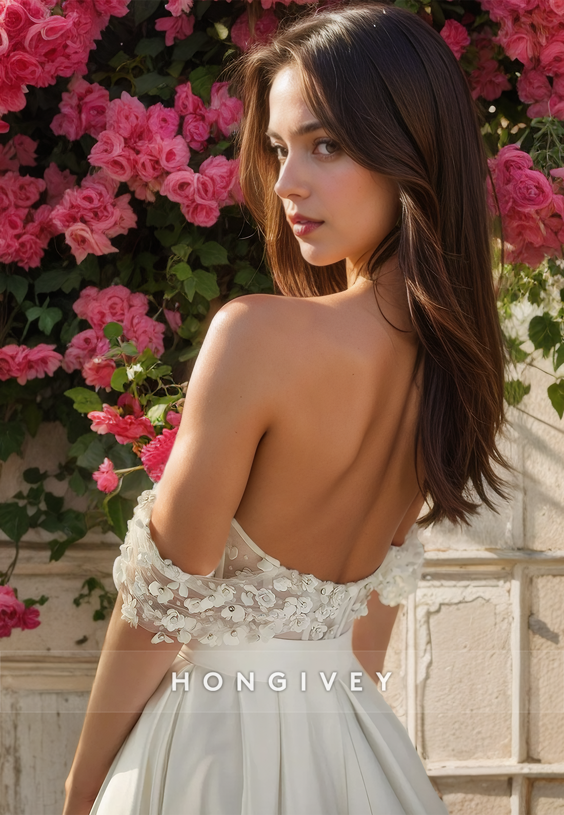 Floral Embossed Illusion Bow Detail With Train And Slit Long Wedding Dress