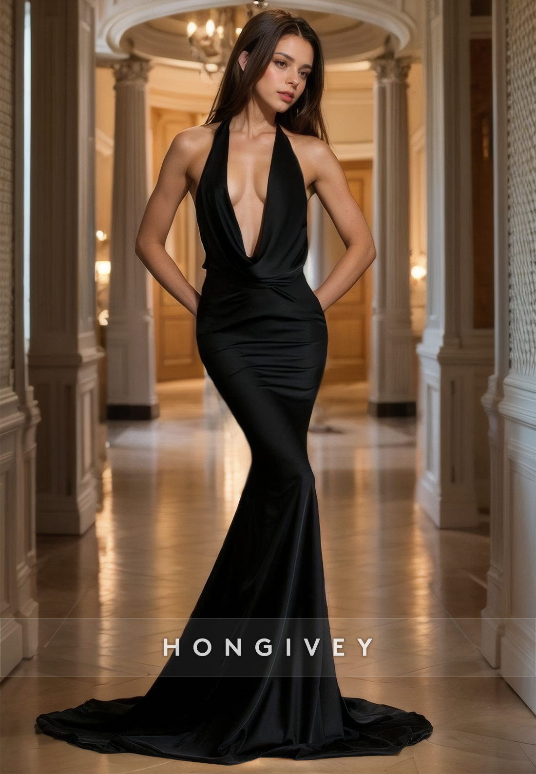 Sexy V-Neck Mermaid Formal Evening Dress Backless Empire Waist Party Gown