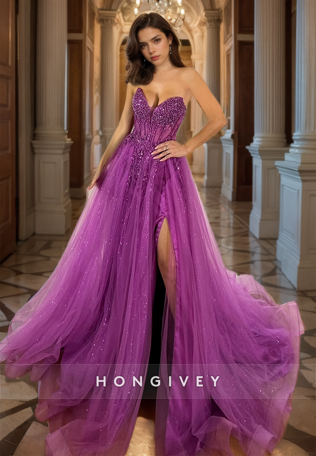 Gorgeous Glitter Purple Organza Formal Evening Dress A-Line Strapless Long Prom Gown