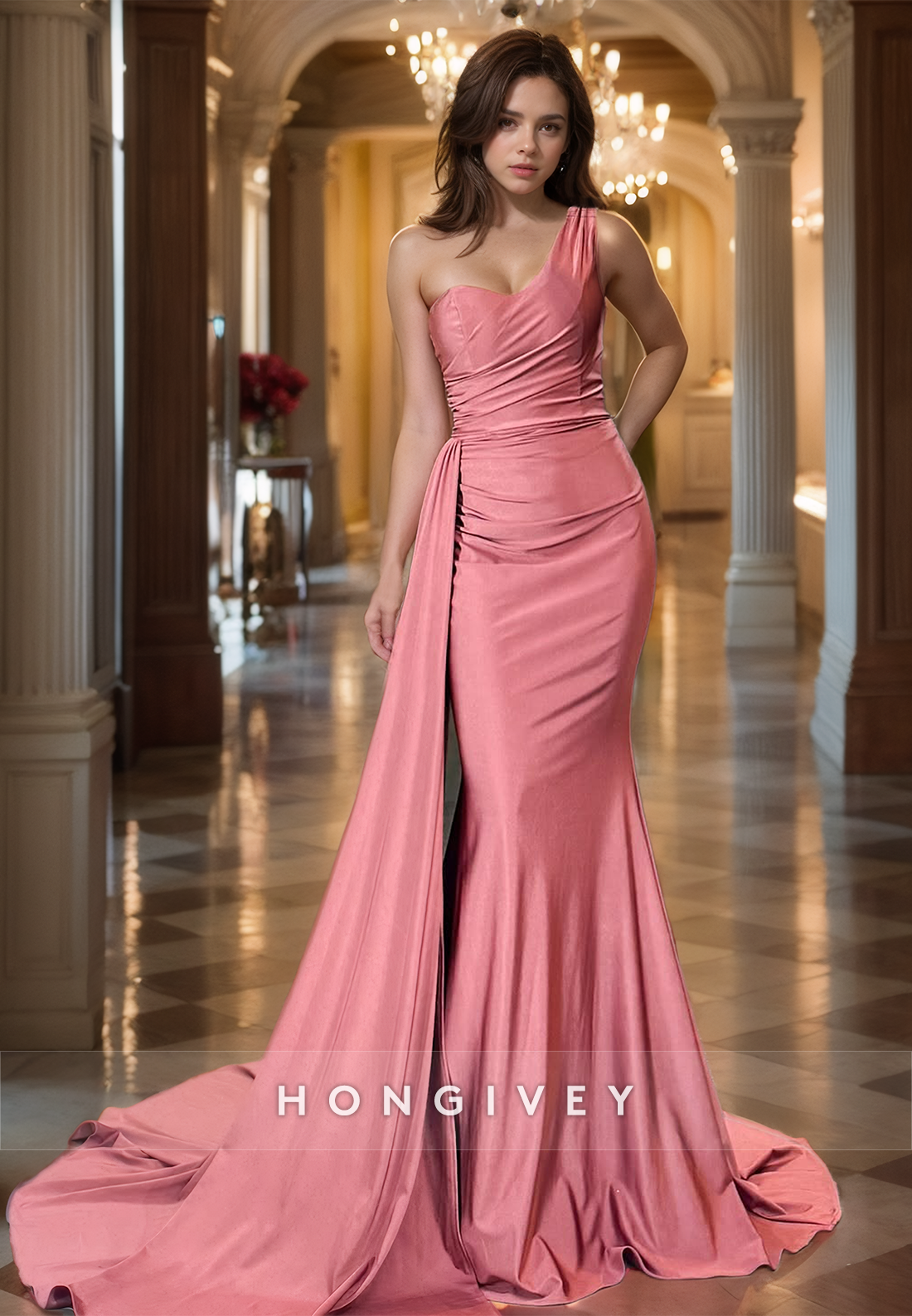 Elegant One Shoulder Long Mermaid Formal Evening Dress with Train Prom Gown