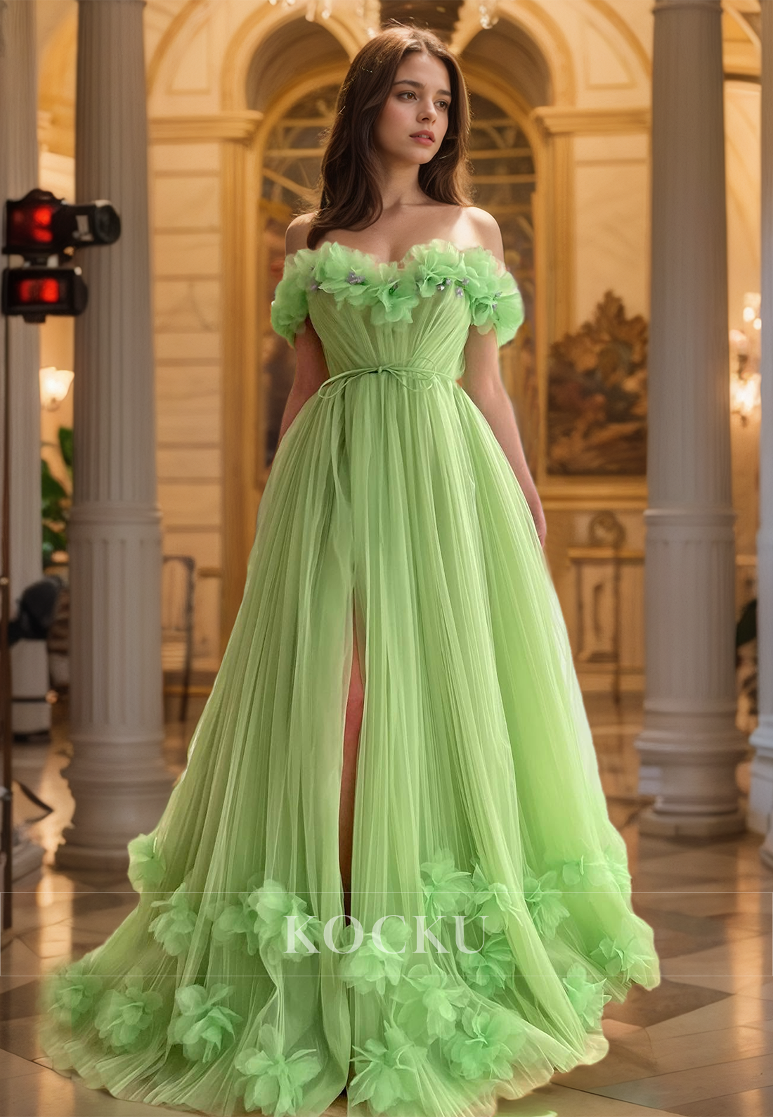 Off-Shpoulder A-Line Sleeveless Slit Train Pleats Lace Prom Dress with Floral Embossed Formal Gowns