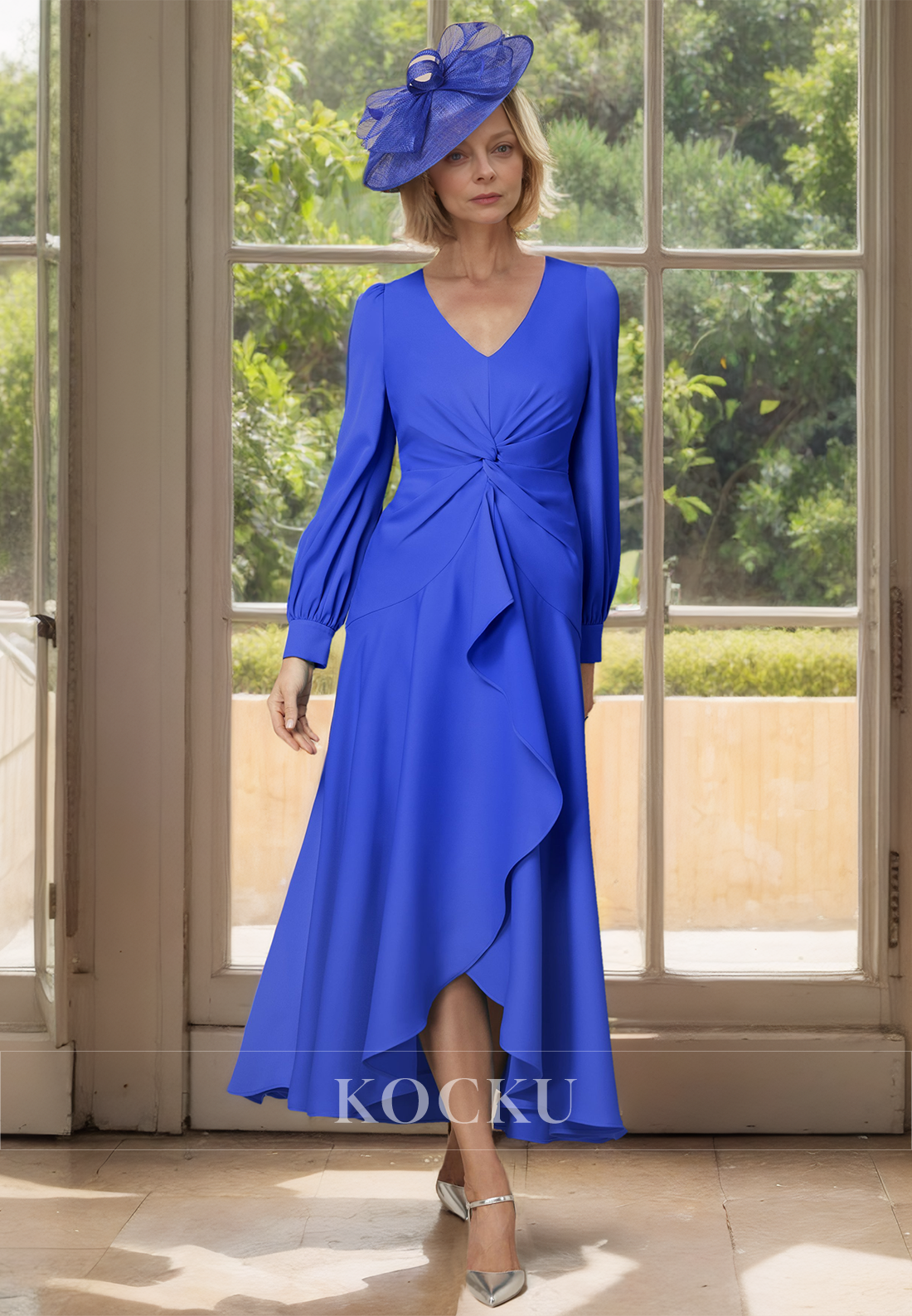 Chic&Modern A-Line V-Neck Long Sleeves Ruched Chiffon Cocktail Dress Mother of Groom