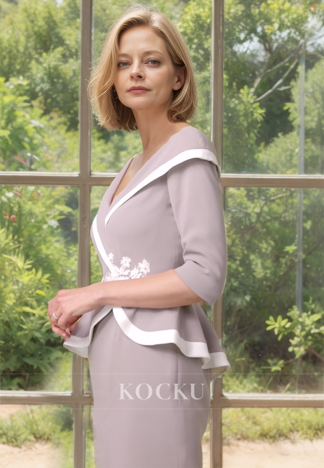 Half Sleeves V-Neck Sheath Knee-Length Mother of Bride Dress with Appliques Cocktail Dress