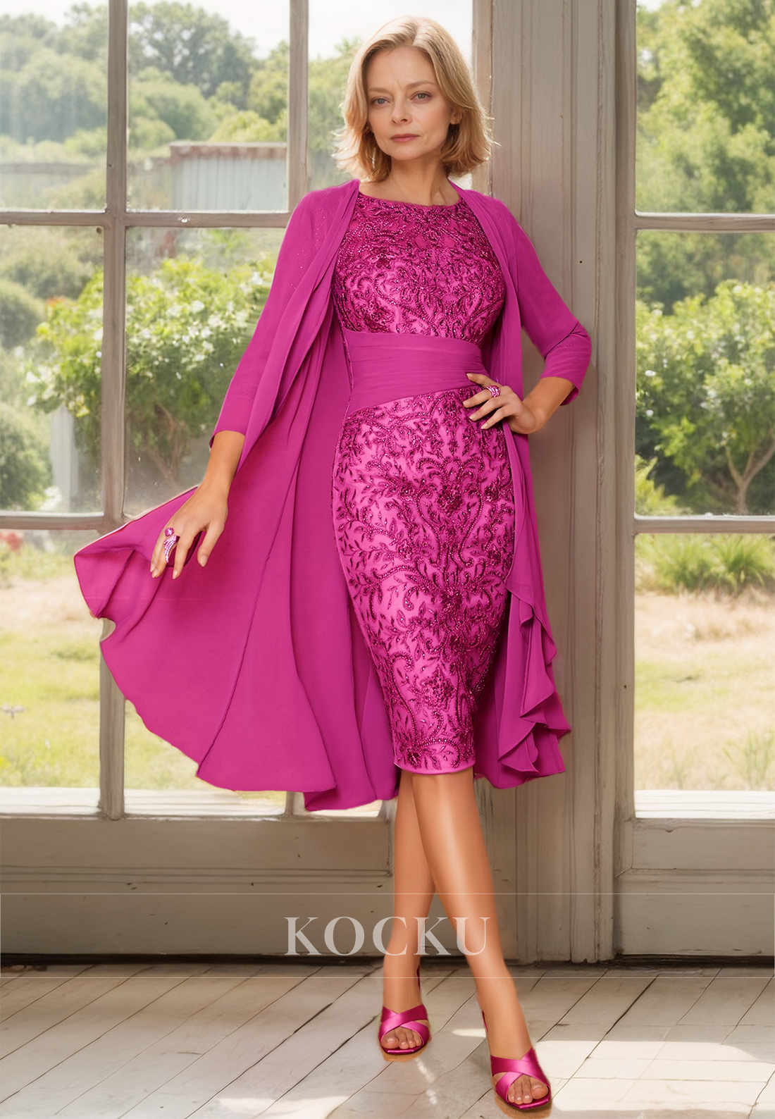 Scoop Neck Half Sleeves Sheath Appliques Two Piece Cocktail Dress with Beads Mother of Bride