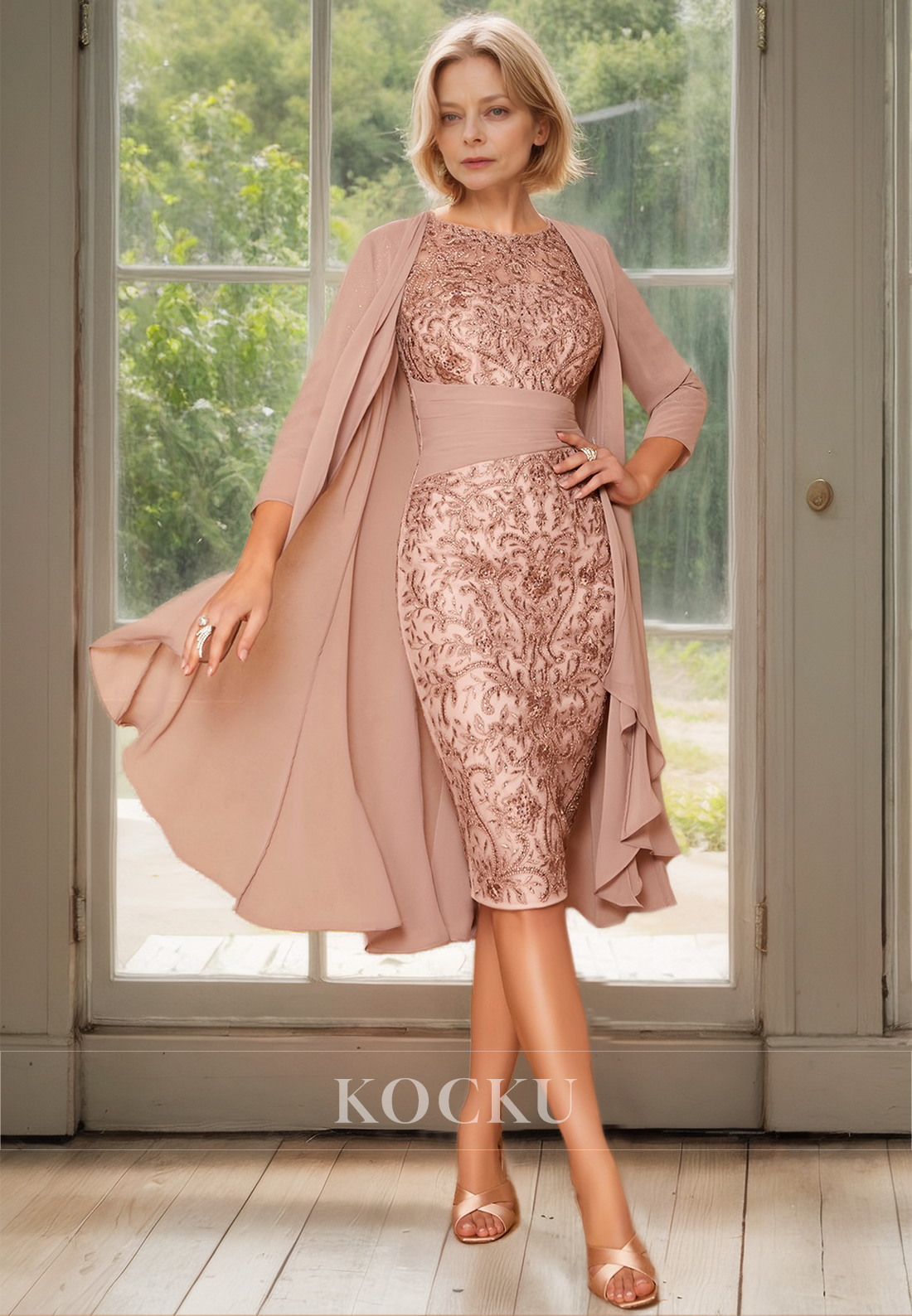 Scoop Neck Half Sleeves Sheath Appliques Two Piece Cocktail Dress with Beads Mother of Bride