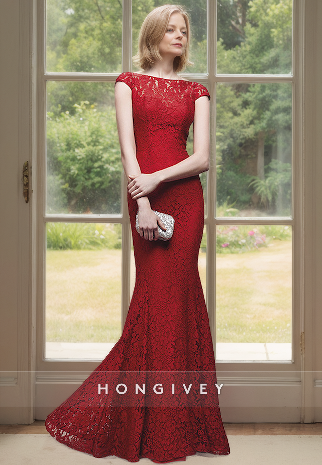 Lace Mermaid Wedding Guest Gown Off-Shoulder Backless Red Sexy Formal Dress