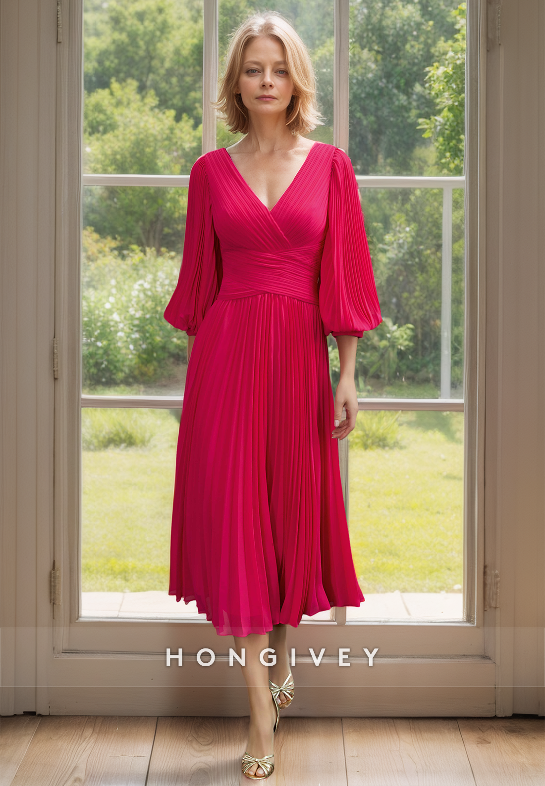 Classic Red V-Neck Half Sleeves Chiffon Mother of the Bride Dress Midi Dresses