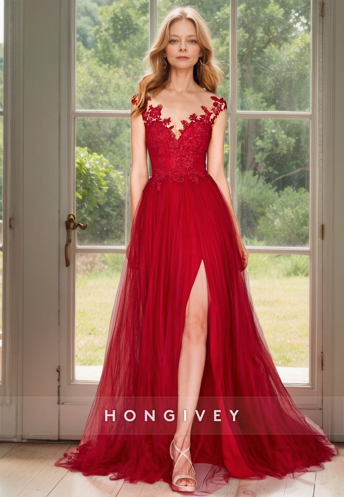 Red V-Neck Backless Tulle Wedding Guest Gown Side Slit Floor Length Dress
