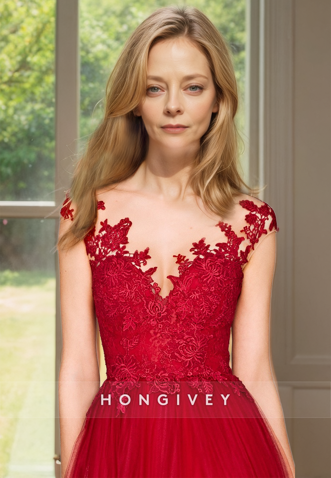 Red V-Neck Backless Tulle Wedding Guest Gown Side Slit Floor Length Dress