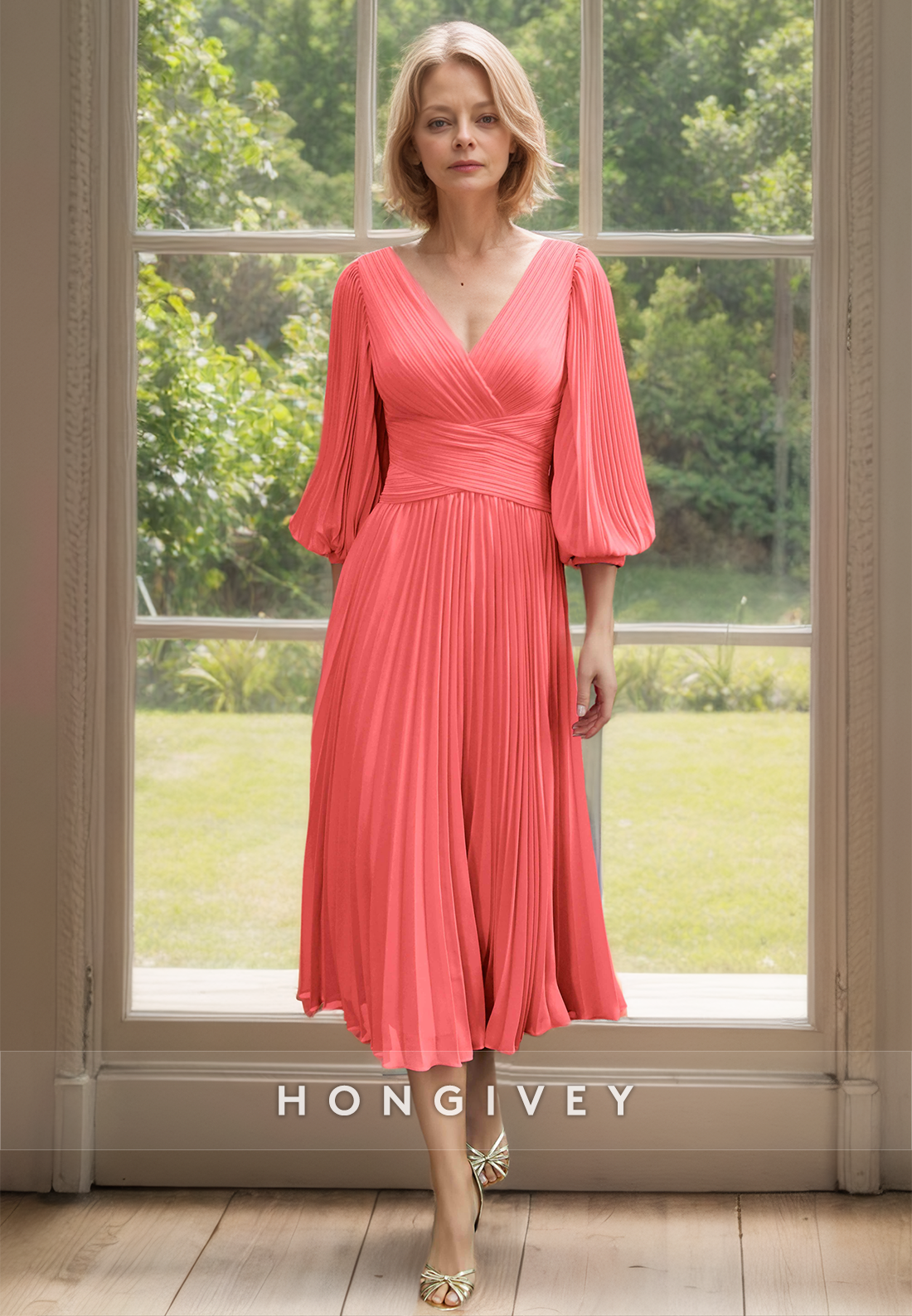 Classic Red V-Neck Half Sleeves Chiffon Mother of the Bride Dress Midi Dresses