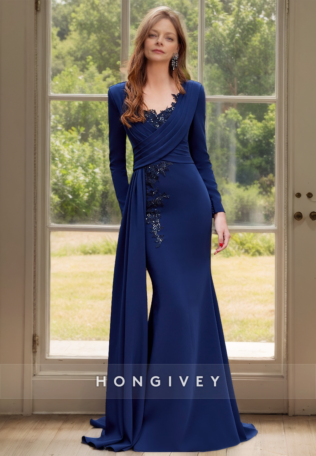 Dark Navy V-Neck Long Sleeves Applique Mermaid Wedding Guest Gown with Train