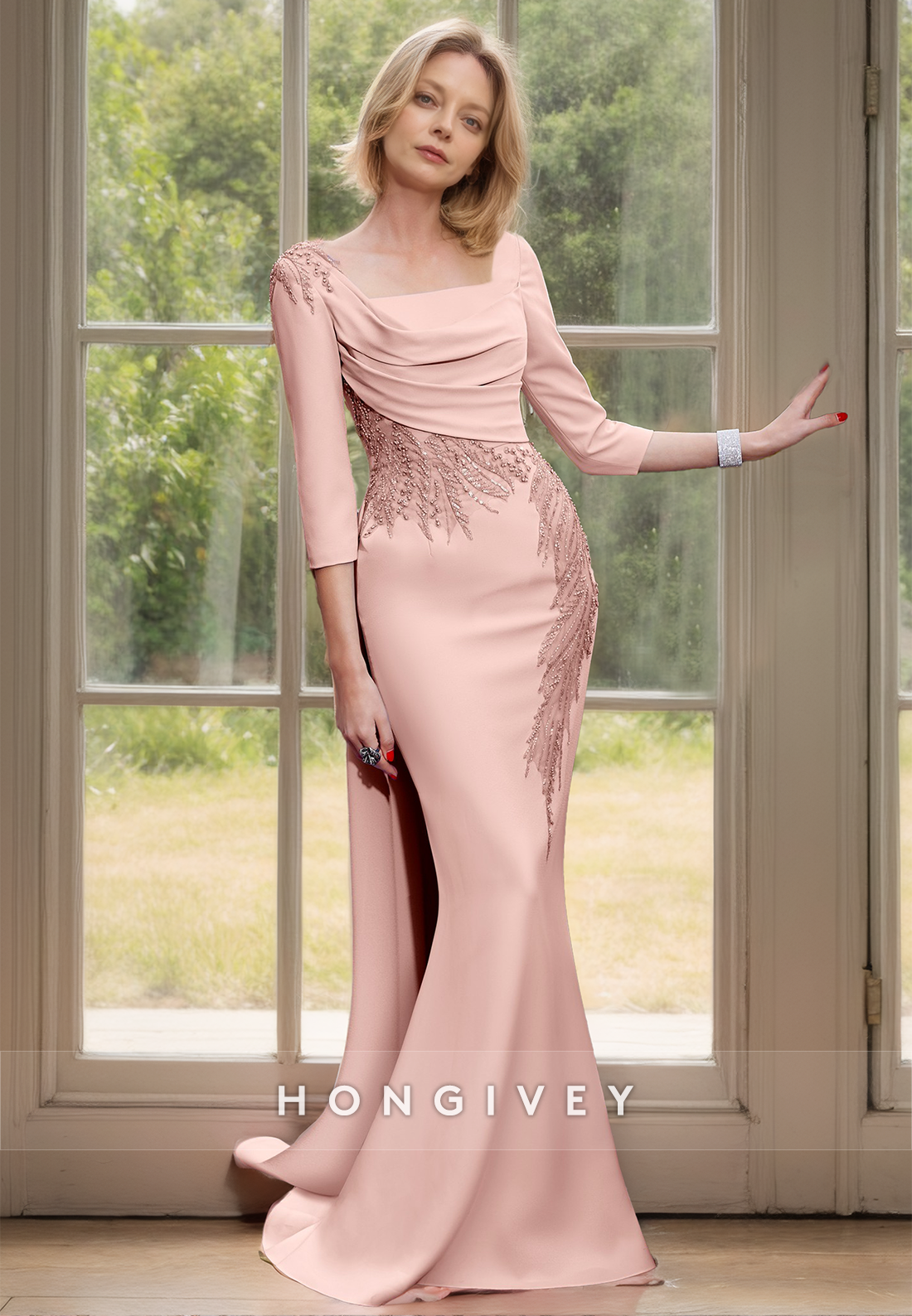 New 2024 Square Mermaid Mother of the Bride Dress with Train Sleeves Wedding Guest Gown