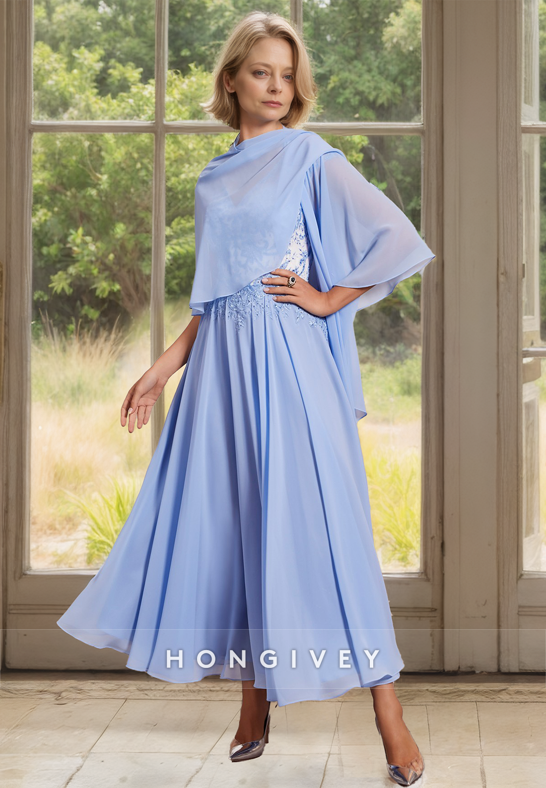 Solid Chiffon Mother of the Bride Dress V-Neck A-Line Wedding Plus Size Guest Gown