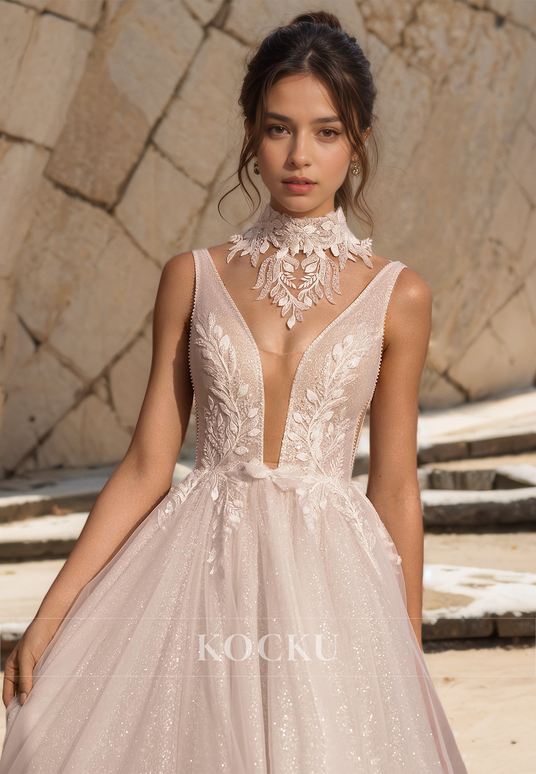 A-Line V-Neck Straps Sleeveless Pleated Glitter Lace Beach Wedding Dress Boho Gowns with Appliques