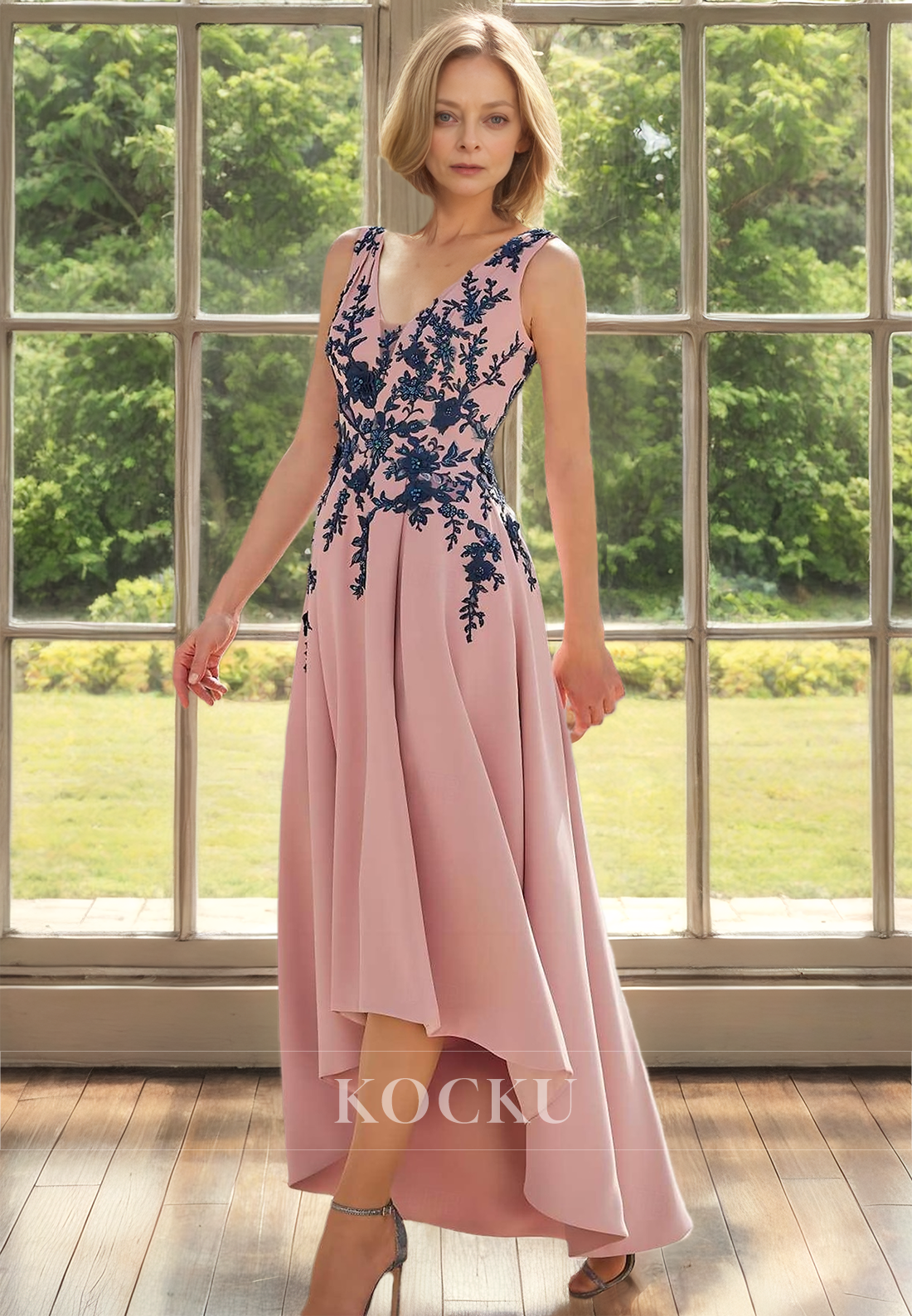 A-Line V-Neck Straps Sleeveless High Low Pleats Satin Cocktail Dress Mother of Groom with Appliques