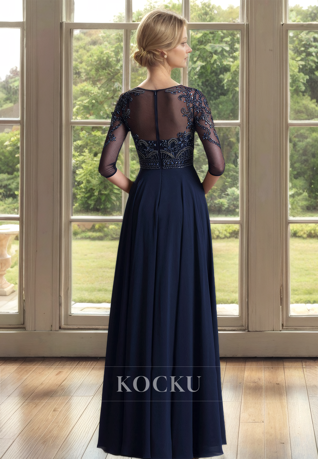 Scoop Neck Half Sleeves A-Line Pleated Lace Mother of the Bride Cocktail Dress with Beads