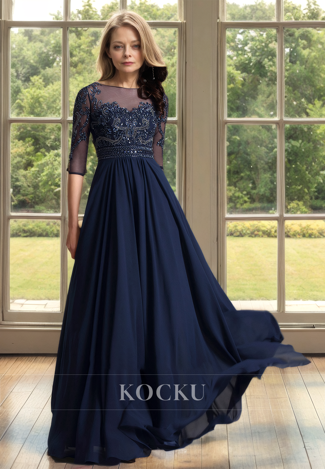Scoop Neck Half Sleeves A-Line Pleated Lace Mother of the Bride Cocktail Dress with Beads