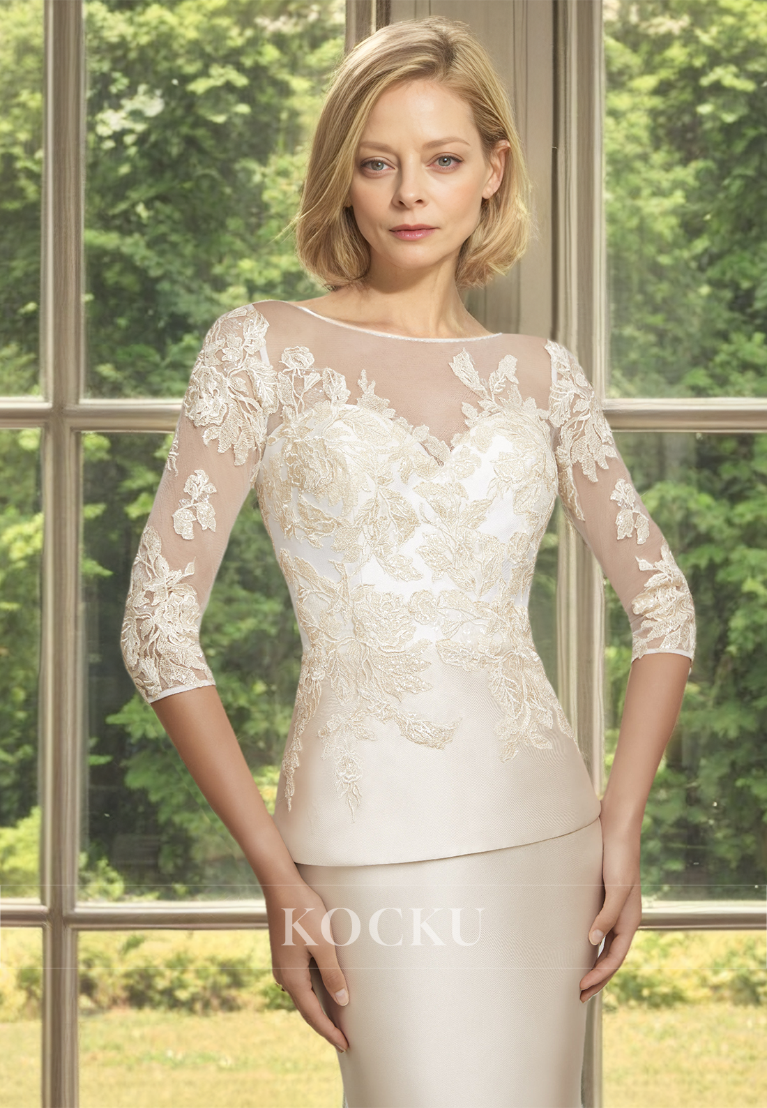 Scoop Neck Half Sleeves Sheath Knee-Length Appliques Satin Mother of Bride Dress Cocktail Dress