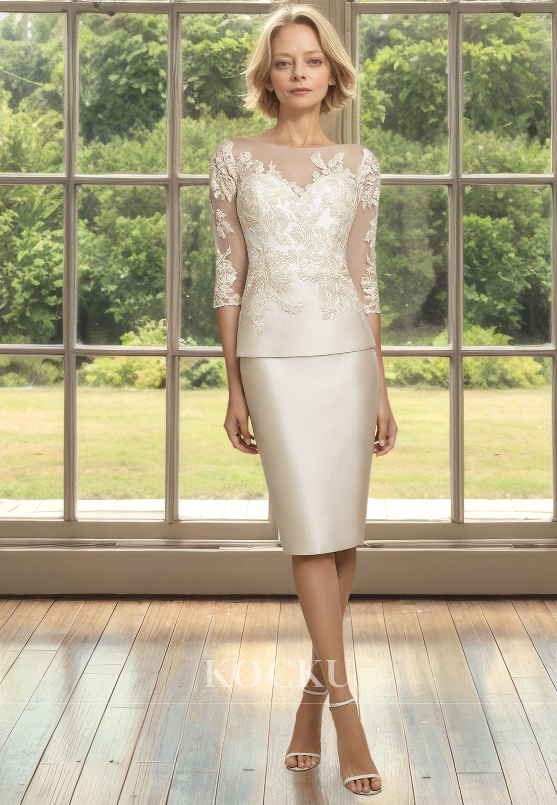 Scoop Neck Half Sleeves Sheath Knee-Length Appliques Satin Mother of Bride Dress Cocktail Dress