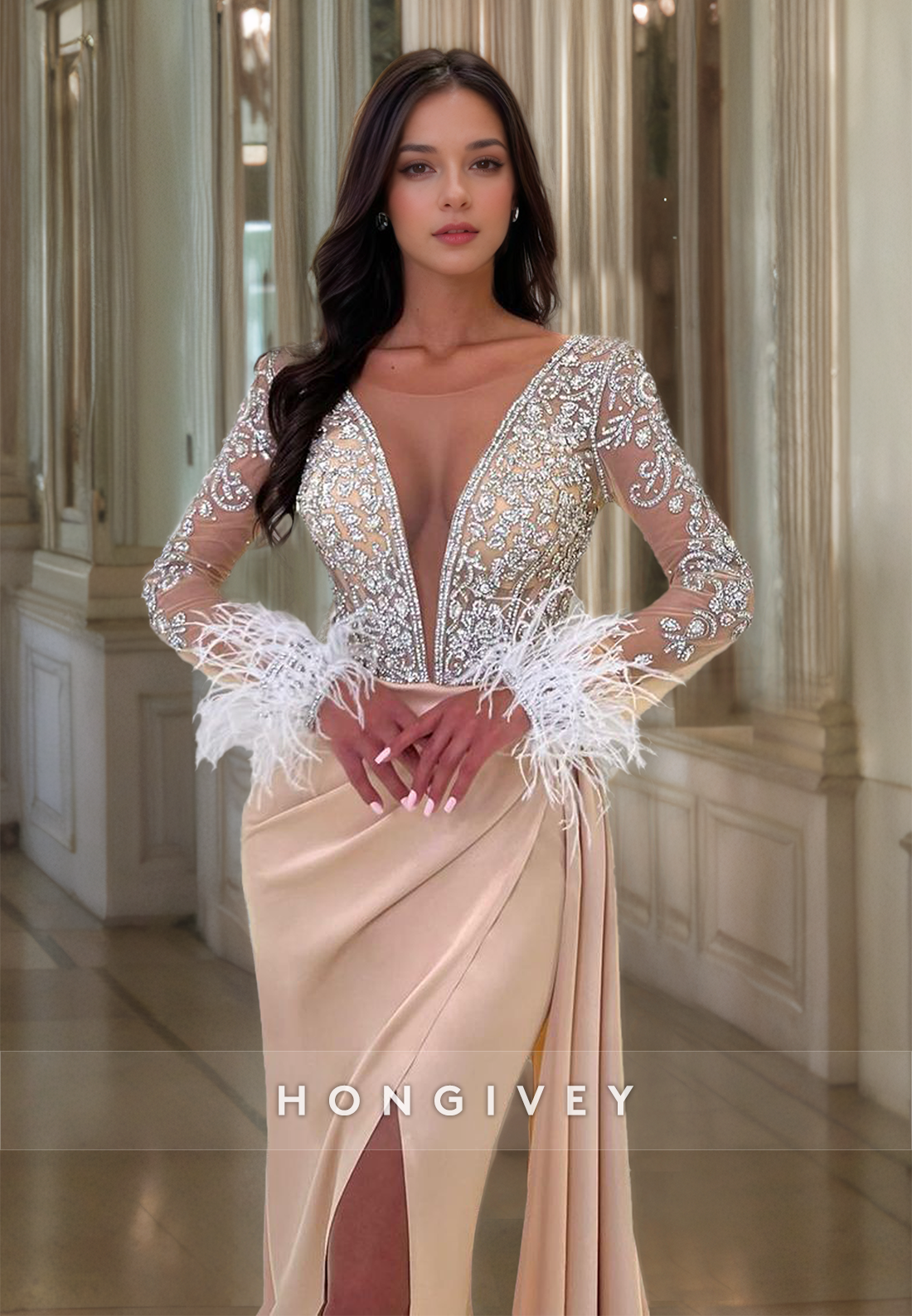 Glitter Feathers Long Sleeves Formal Evening Dress Luxurious V-Neck Prom Gown