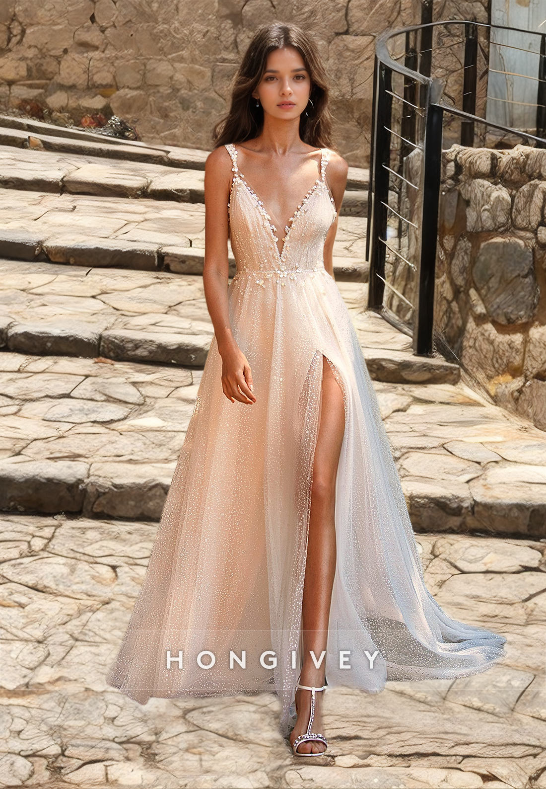 Glitter V-Neck Straps Wedding Dresseswith Train Slit Organza Bridal Dress