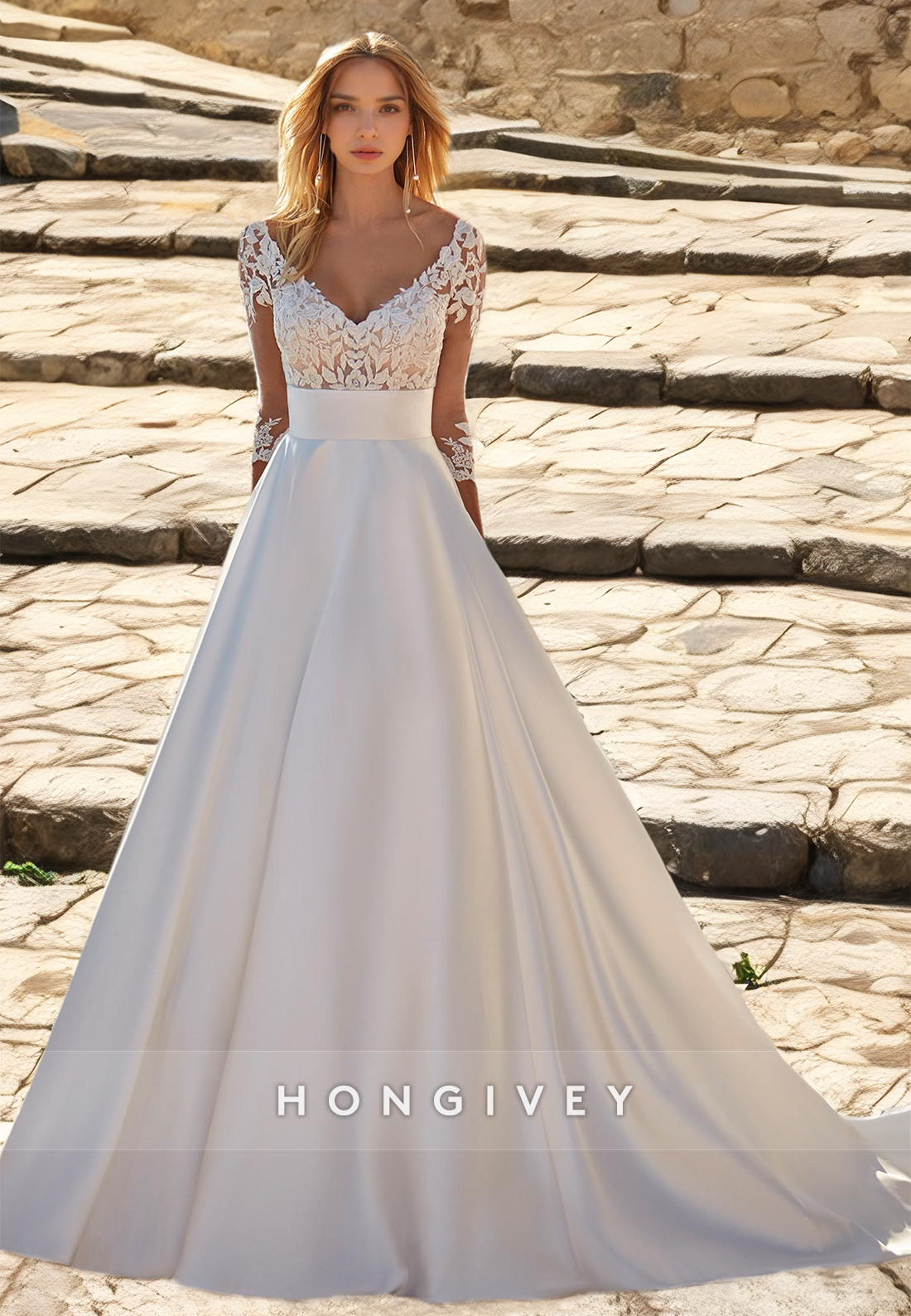 HONGIVEY Lace Long Sleeves Wedding Dresses Empire Waist A-Line Bridal Dress New