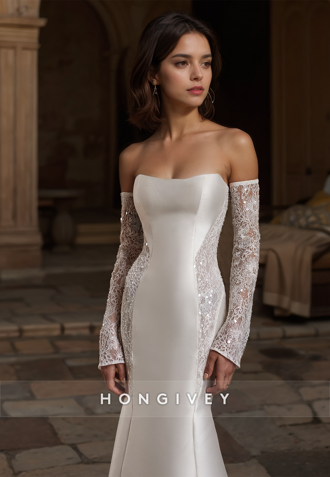 Sparkle Mermaid Wedding Dresses with Train Lace Long Sleeves 2024 New