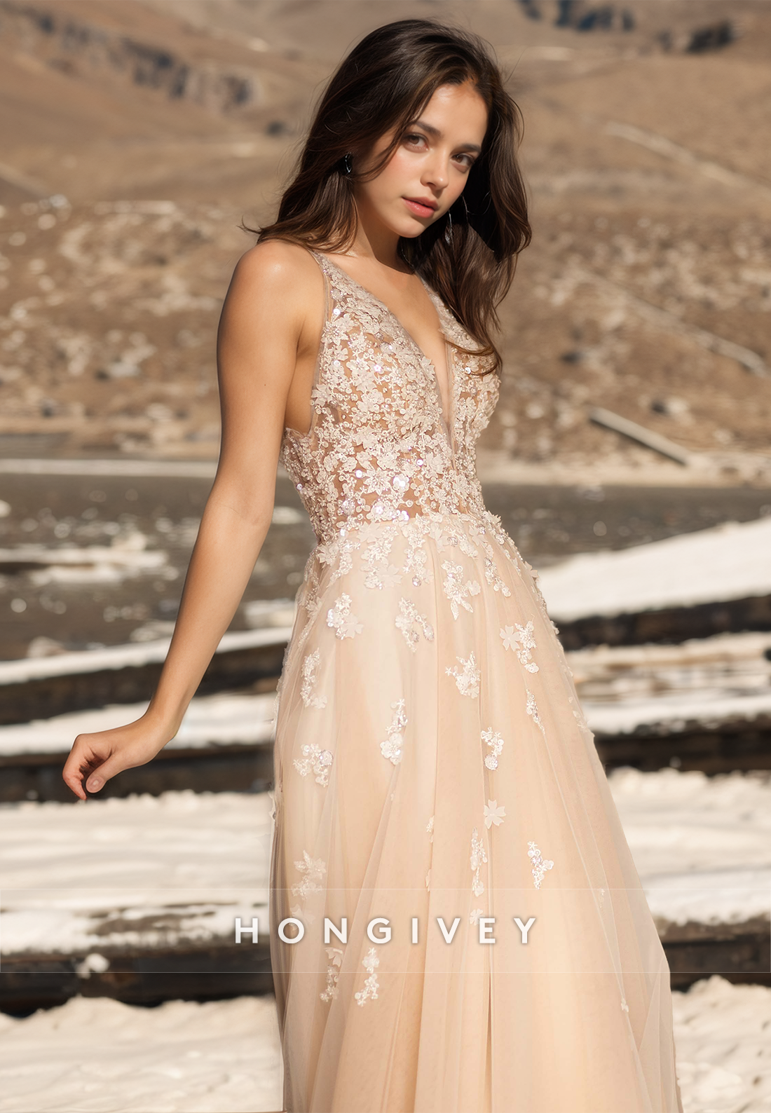 Floral Lace Applique V-Neck A-Line Wedding Dresses New