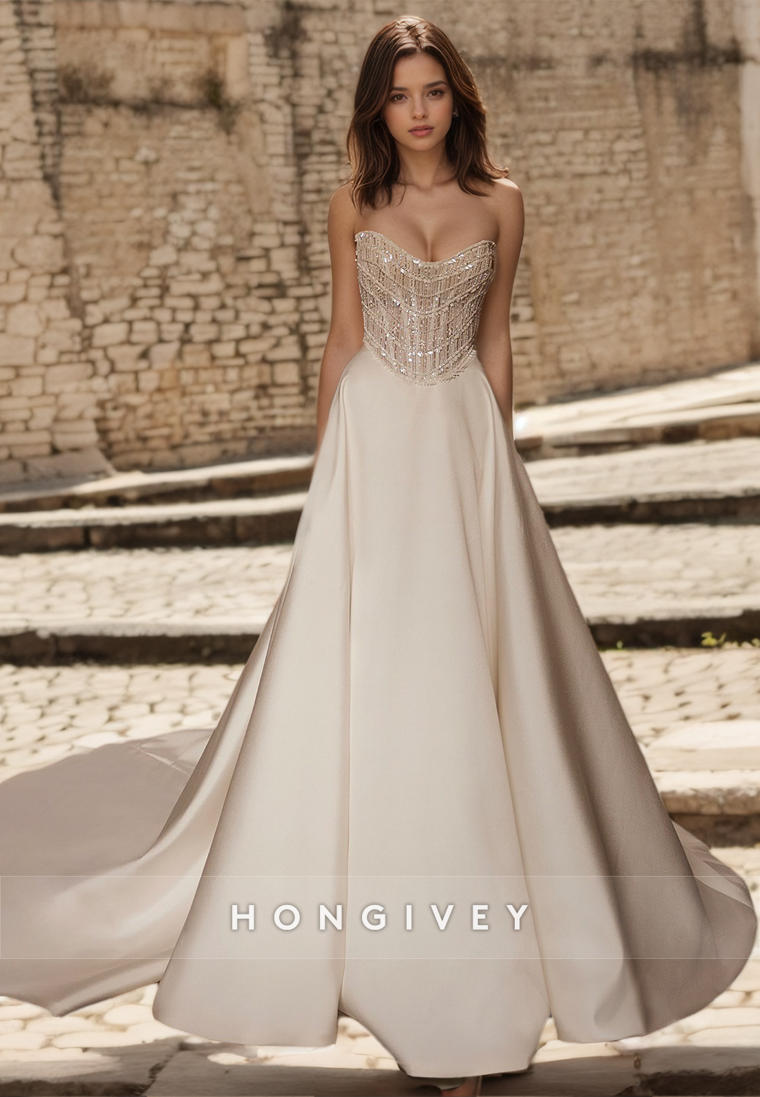 New Glitter Sequins Wedding Dresses with Train Sweetheart Bride Gown