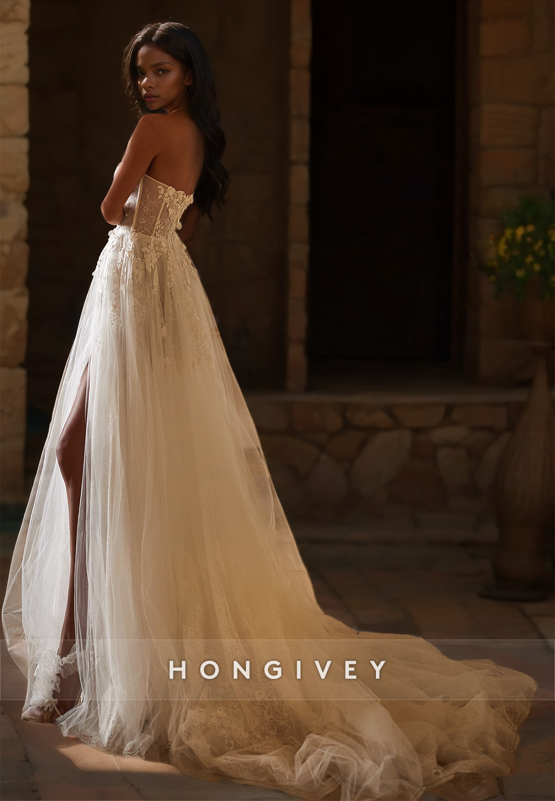 Lace Applique Wedding Dresses with Train Sweetheart Side Slit Bridal Dress