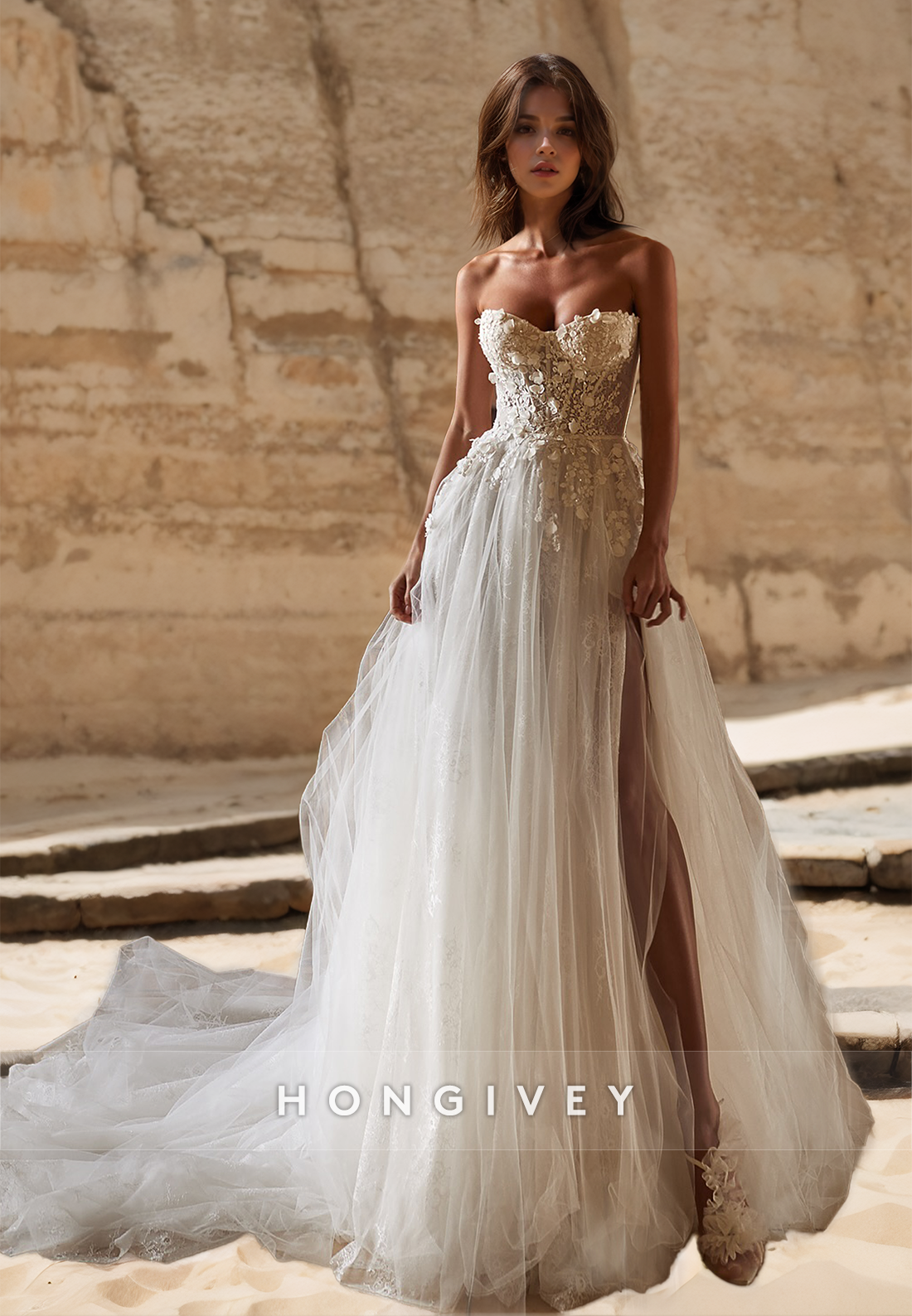 Lace Applique Wedding Dresses with Train Sweetheart Side Slit Bridal Dress