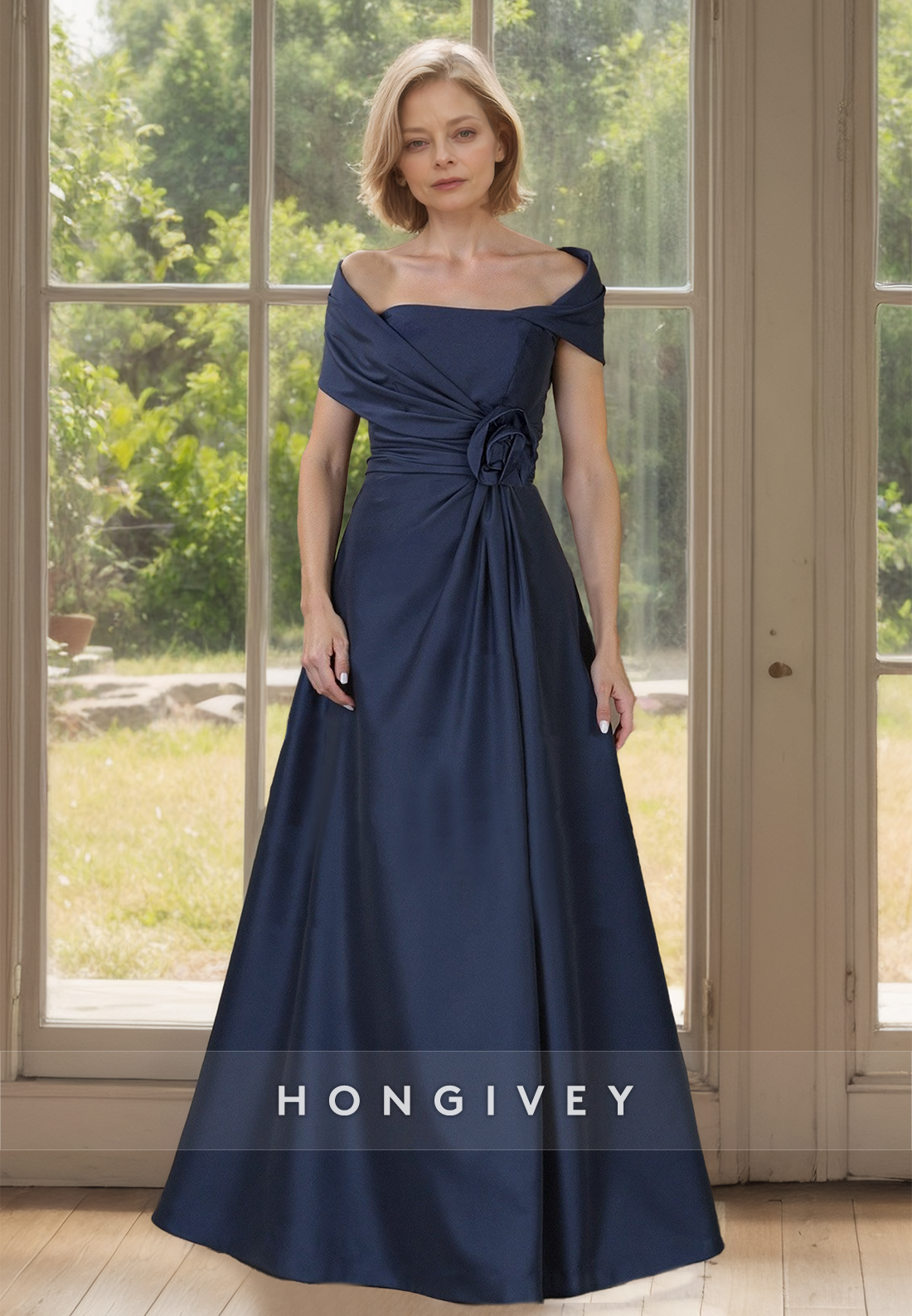 Off-Shoulder A-Line Satin Mother of the Bride Dress with Flower