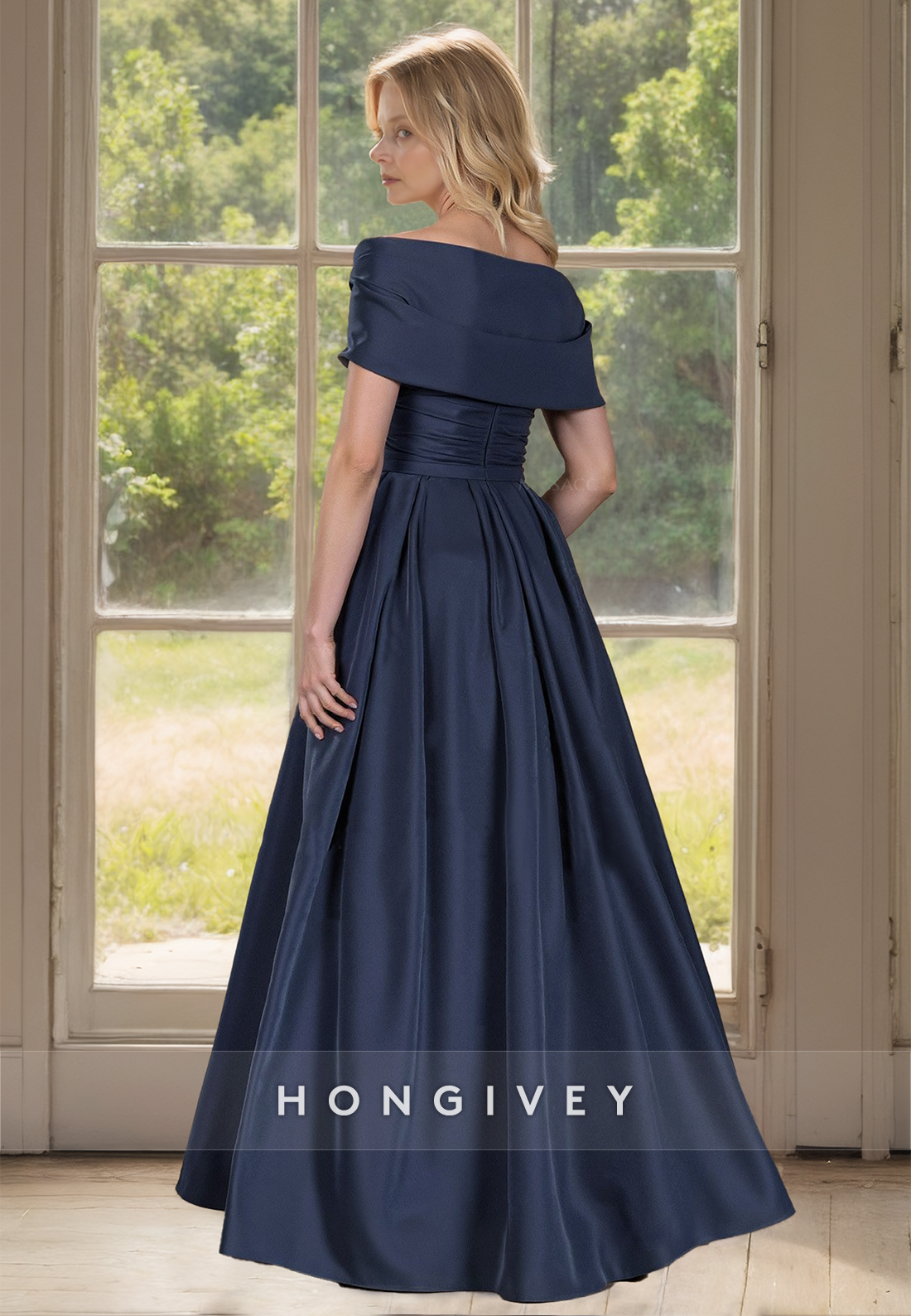 Off-Shoulder A-Line Satin Mother of the Bride Dress with Flower