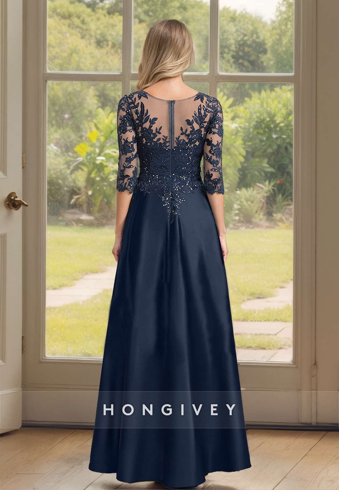 Half Sleeves Mother of the Bride Dress Lace Applique Long Wedding Guest Gown