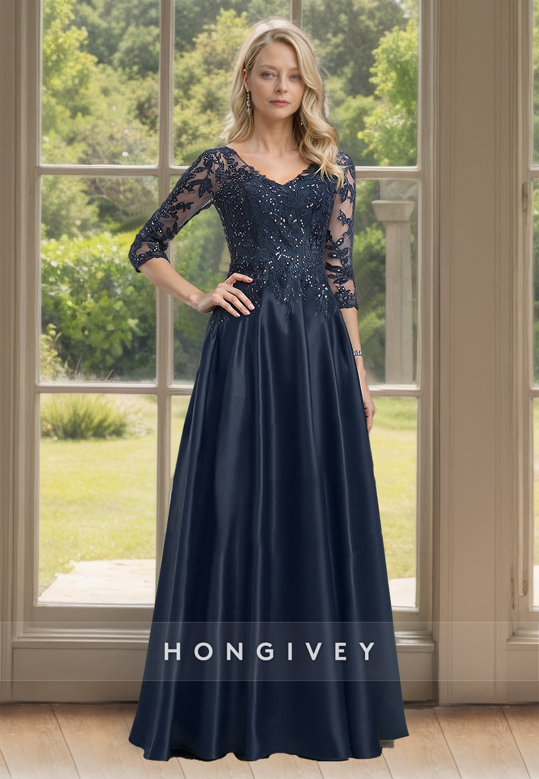 Half Sleeves Mother of the Bride Dress Lace Applique Long Wedding Guest Gown