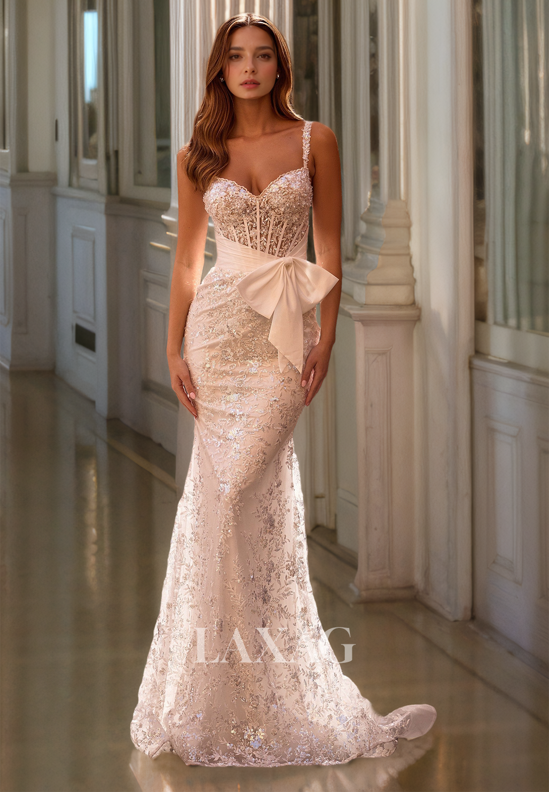 Sweetheart Spaghetti Straps Beaded Evening Gowns Sleeveless Glitter Lace Mermaid Prom Dress with Bows