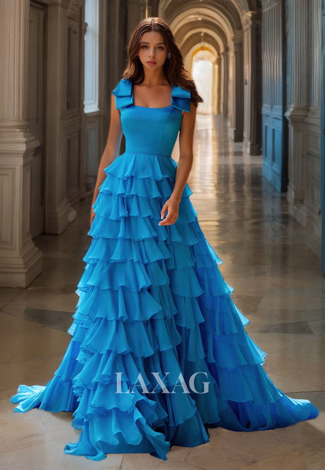 Square-Neck Bows-Straps Sleeveless A-Line Prom Dress Off-Shoulder Chiffon Tiered Formal Gowns