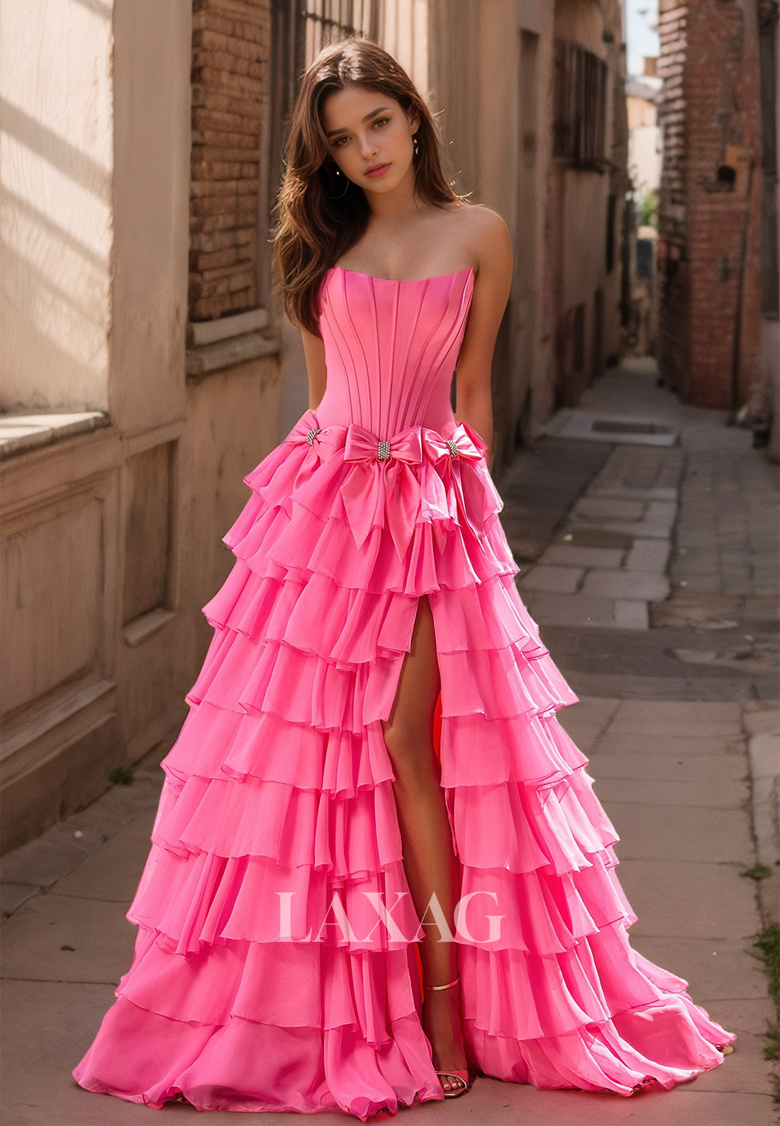 Scoop-Neck Off-Shoulder Sleeveless Beaded Pleated Chiffon Tiered A-Line Prom Dress with Bows