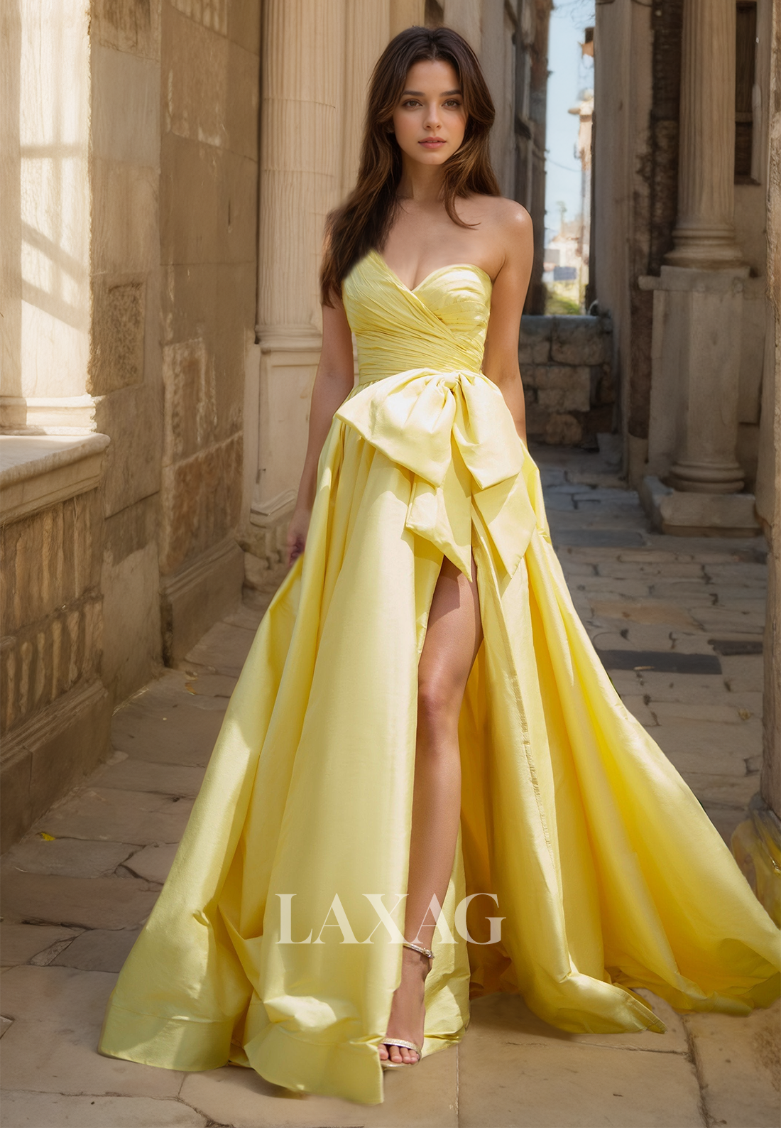Asymmetrical-Sweetheart One-Strap Sleeveless A-Line Prom Dress Pleated Satin Evening Gowns with High Slit