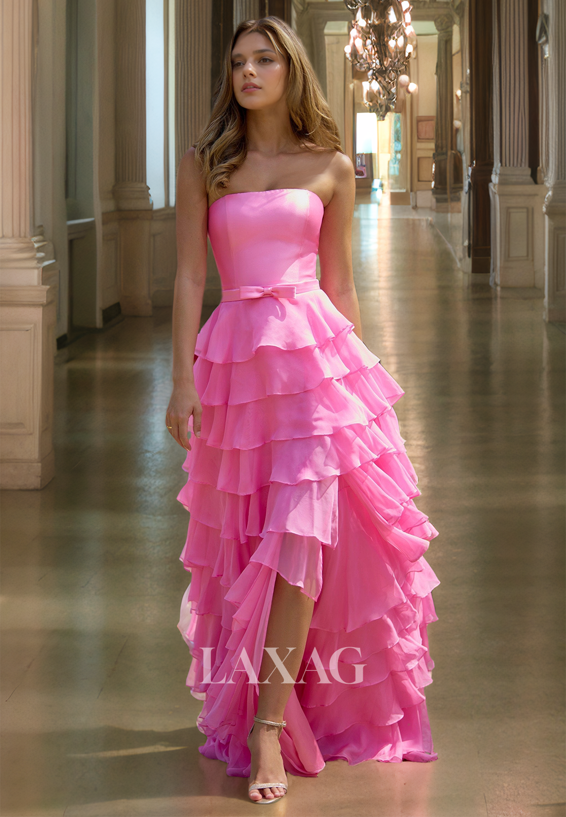 Tube Top Off-Shoulder Sleeveless Evening Gowns Pleated Chiffon Tiered Slit Fitted Prom Dress