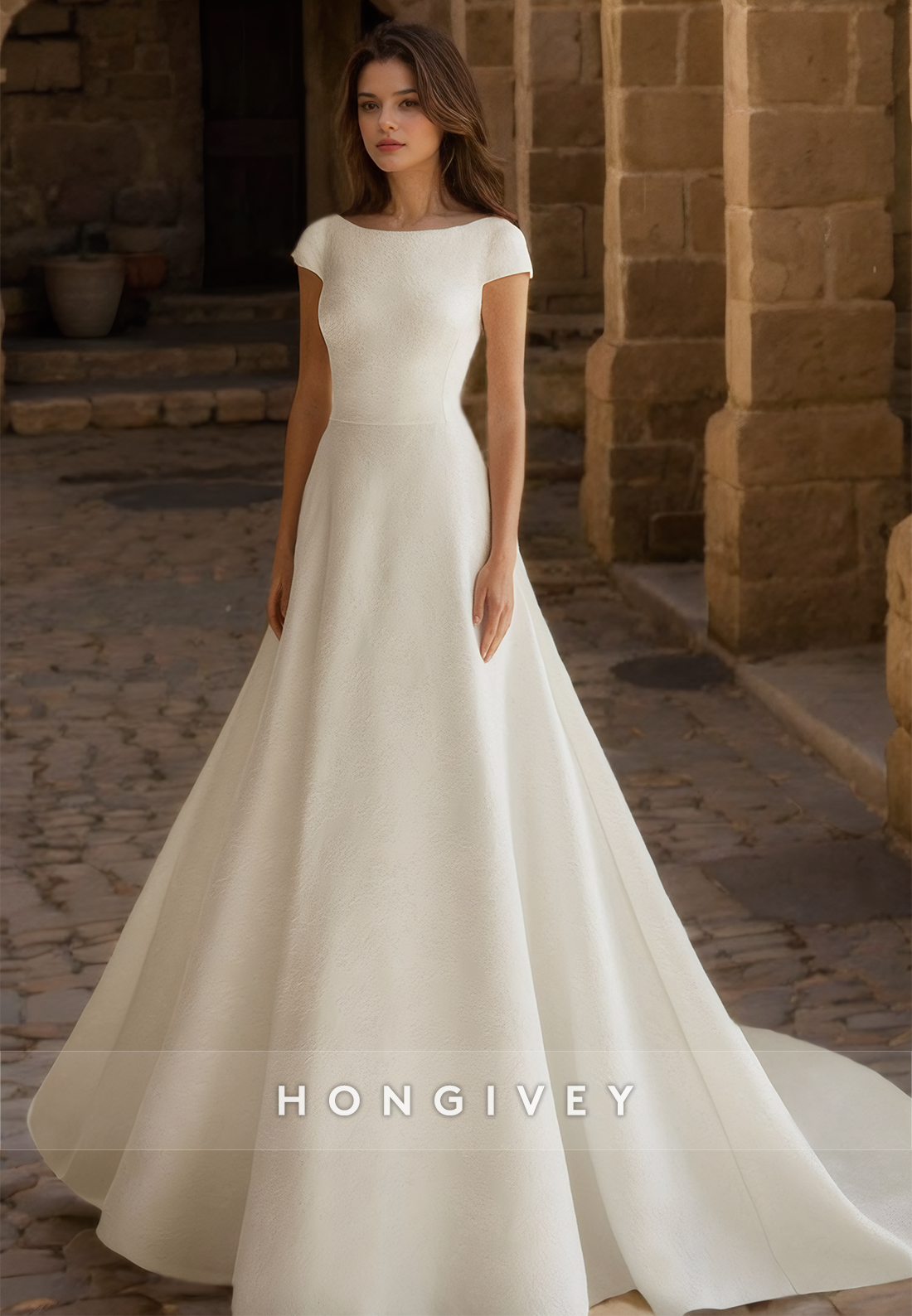 Short Sleeves Satin Wedding Dress with Train Bow A-Line Bride Gown