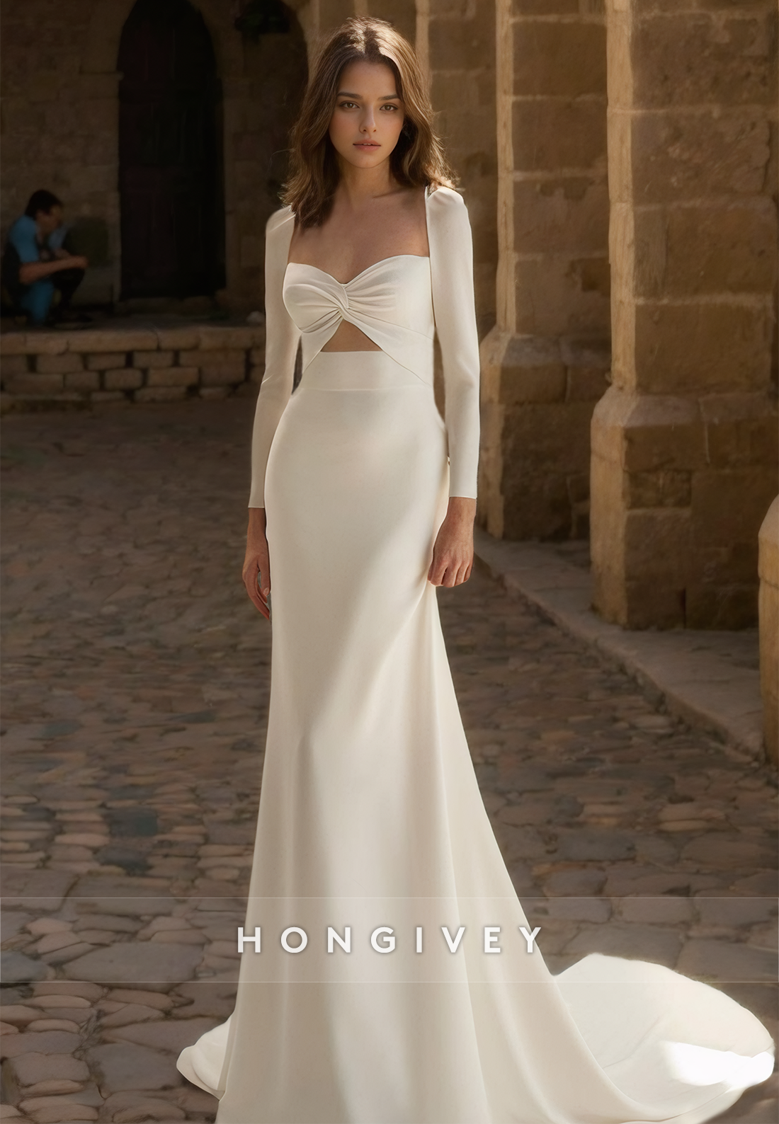 Long Sleeves Satin Wedding Dress Classic Sweetheart Floor-Length Bride Gown