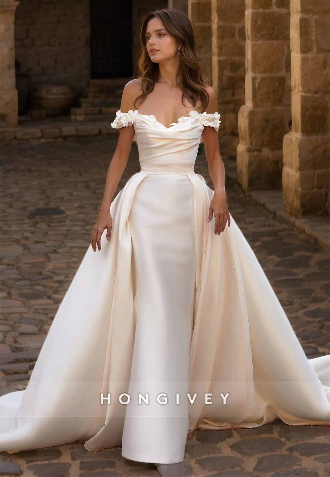 Off-Shoulder Wedding Dress with Train Elegant New Satin Mermaid Bride Gown