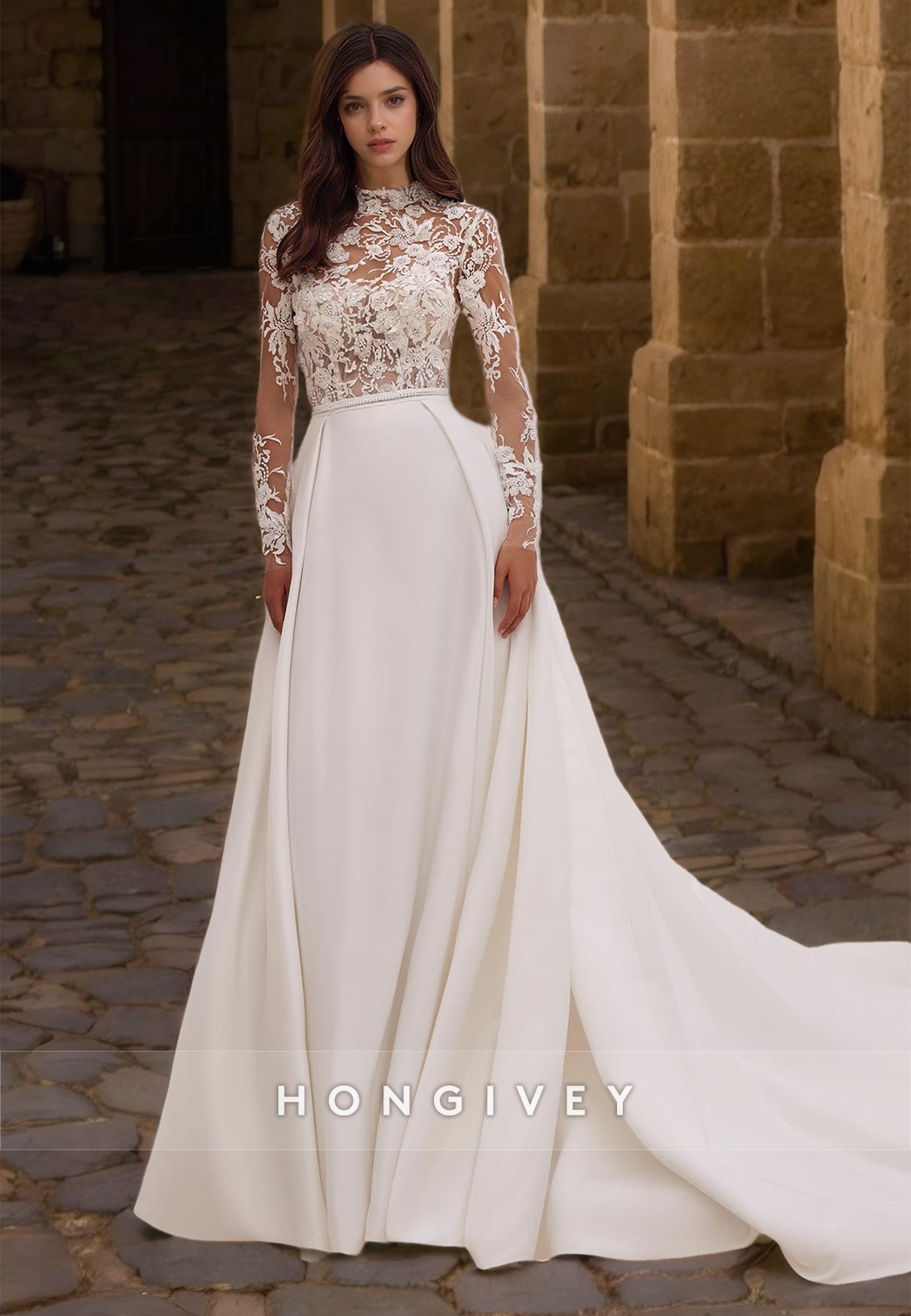 Beaded Applique Wedding Dress High Neck Long Sleeves A-Line Beach Bride Gown