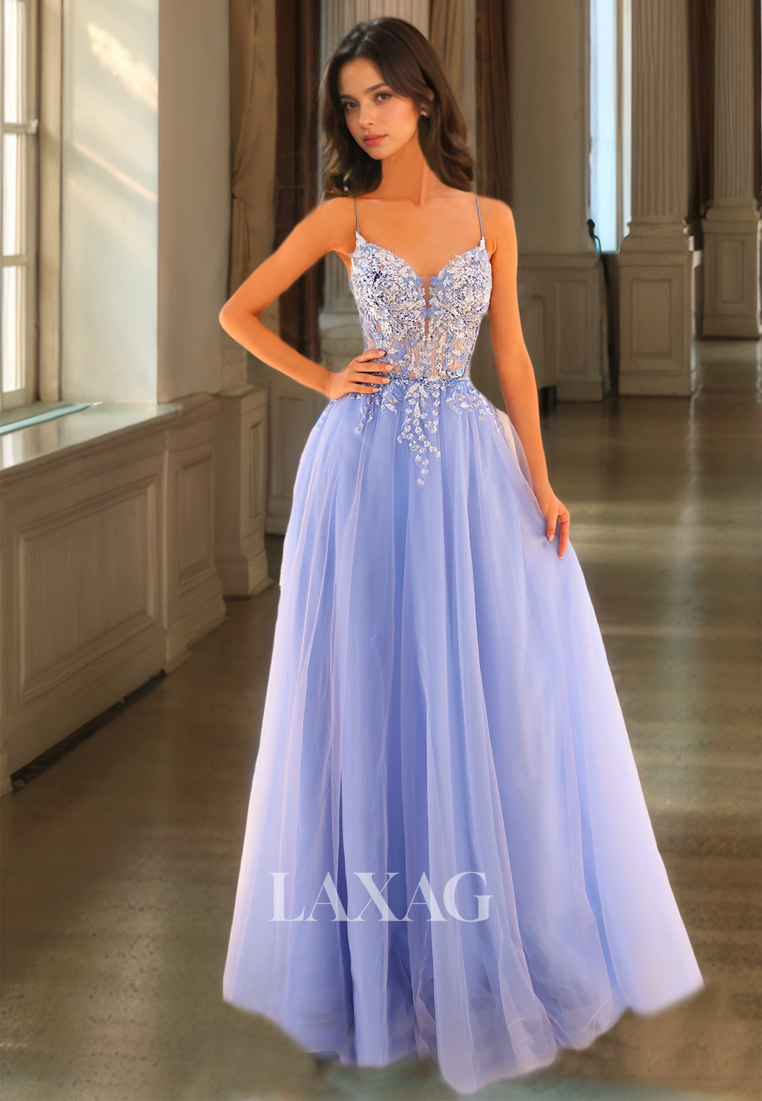 Sweetheart Spaghetti Straps Tulle A-Line Prom Dress Sleeveless Lace Applique Cutout Formal Gowns