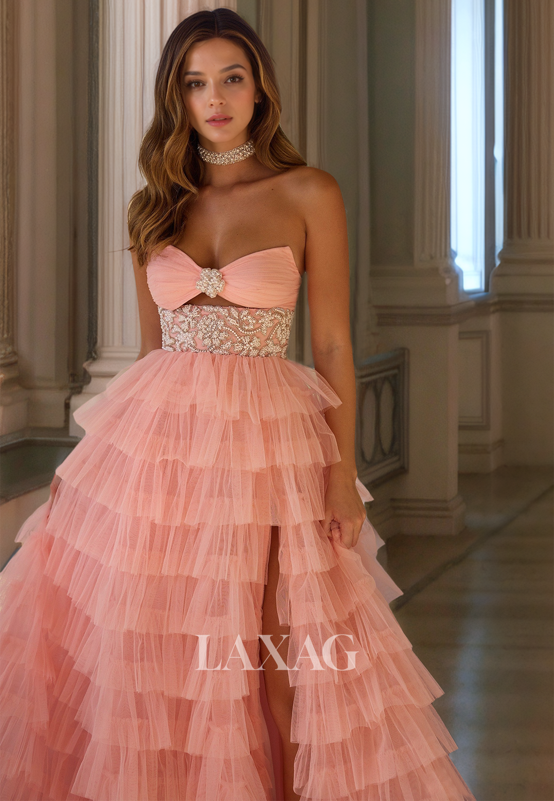 Off-Shoulder Sweetheart Sleeveless Evening Gowns Beaded Tiered High Slit Tulle A-Line Prom Dress